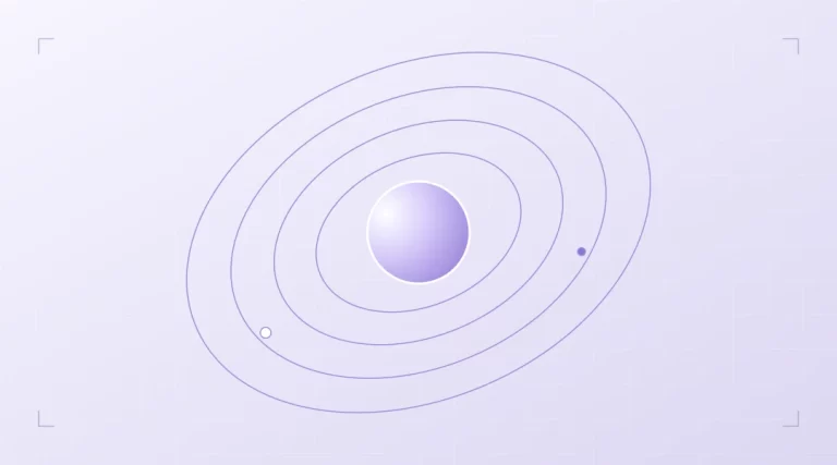 Concentric orbital paths around a luminous digital core.