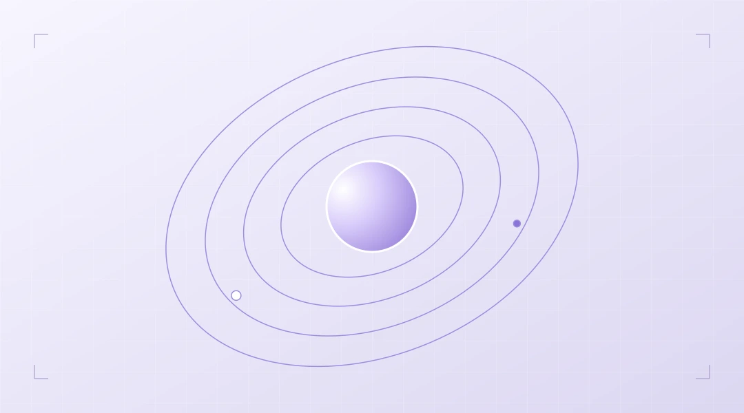 Concentric orbital paths around a luminous digital core.